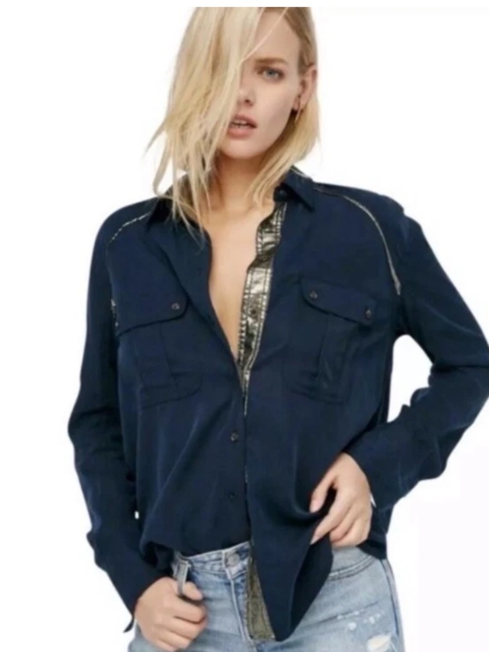 🧑‍🎄 Free People Navy Off Campus Buttondown Shirt Metallic Trim Utility Top L